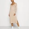 Neu 🌟 Even&Odd Damen KNIT MAXI V NECK DRESS WITH SLIT - Strickkleid - Camel 😀